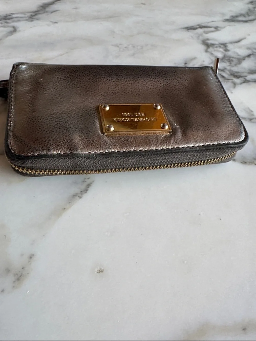 Michael Kors Metallic Pewter Leather Zip Around Wristlet Wallet Gold Hardware